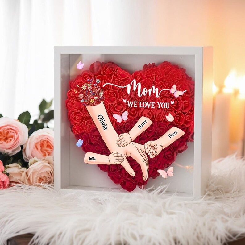 Personalized Handprints Mom And Children Flower Shadow Box | Mother&