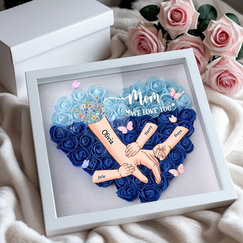 Personalized Handprints Mom And Children Flower Shadow Box | Mother&