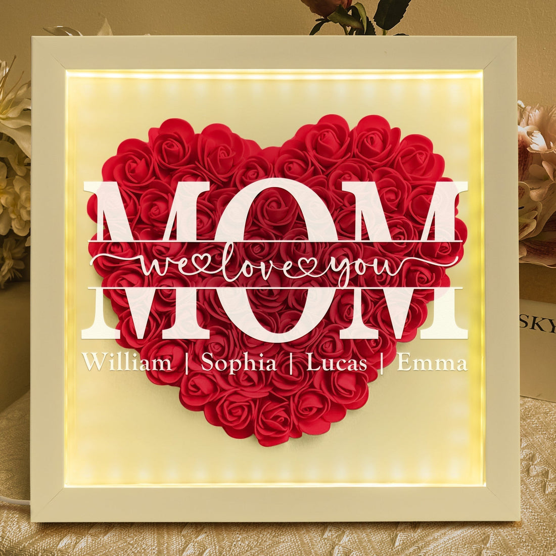 We Love You Mom - Personalized Flower Shadow Box With LED Light | Mother&