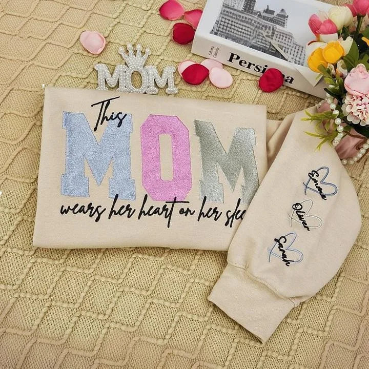 Wears Your Heart on Your Sleeve - Embroidered Mama Sweatshirt with Kids’ Names | Mother&
