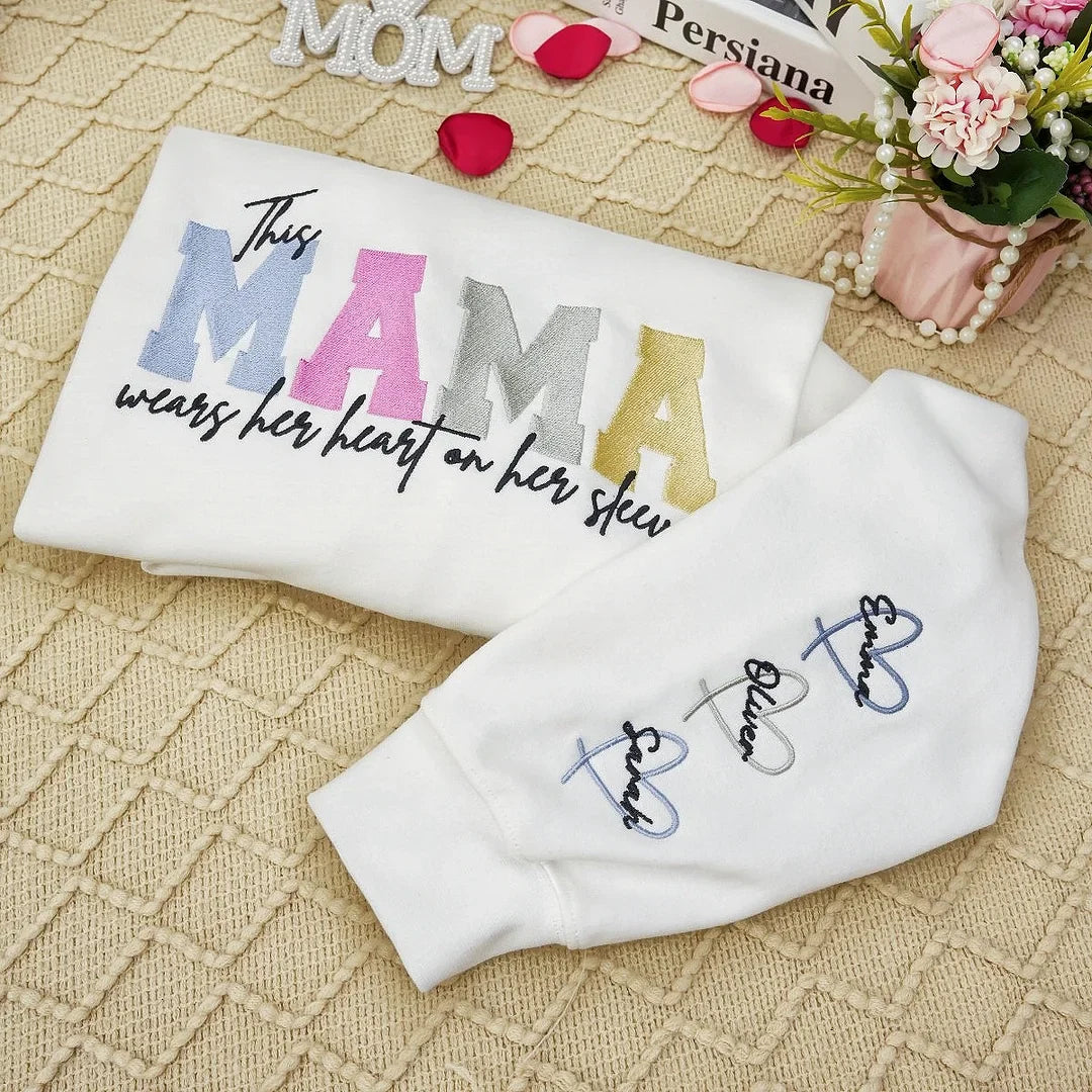 Wears Your Heart on Your Sleeve - Embroidered Mama Sweatshirt with Kids’ Names | Mother&