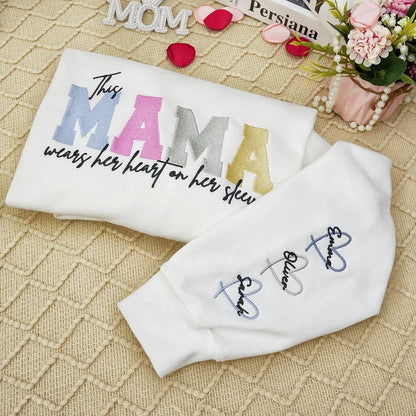 Wears Your Heart on Your Sleeve - Embroidered Mama Sweatshirt with Kids’ Names | Mother's Day Gift for Mom & Grandma