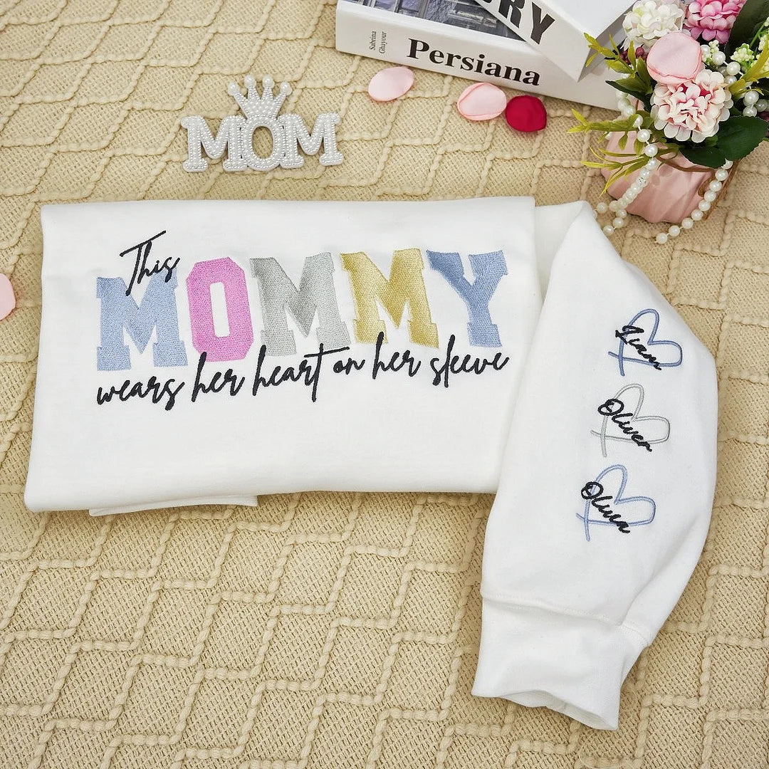 Wears Your Heart on Your Sleeve - Embroidered Mama Sweatshirt with Kids’ Names | Mother&