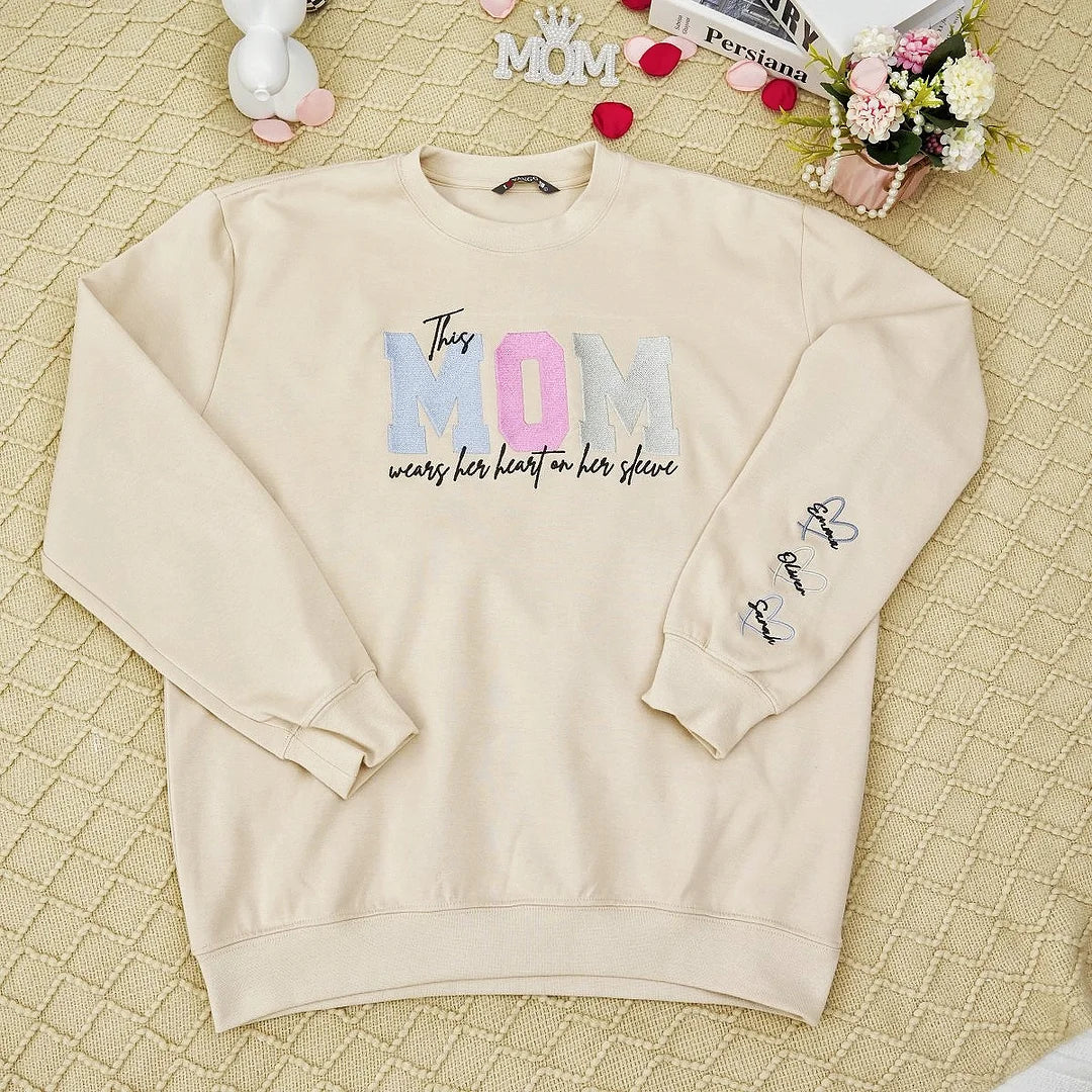 Wears Your Heart on Your Sleeve - Embroidered Mama Sweatshirt with Kids’ Names | Mother&