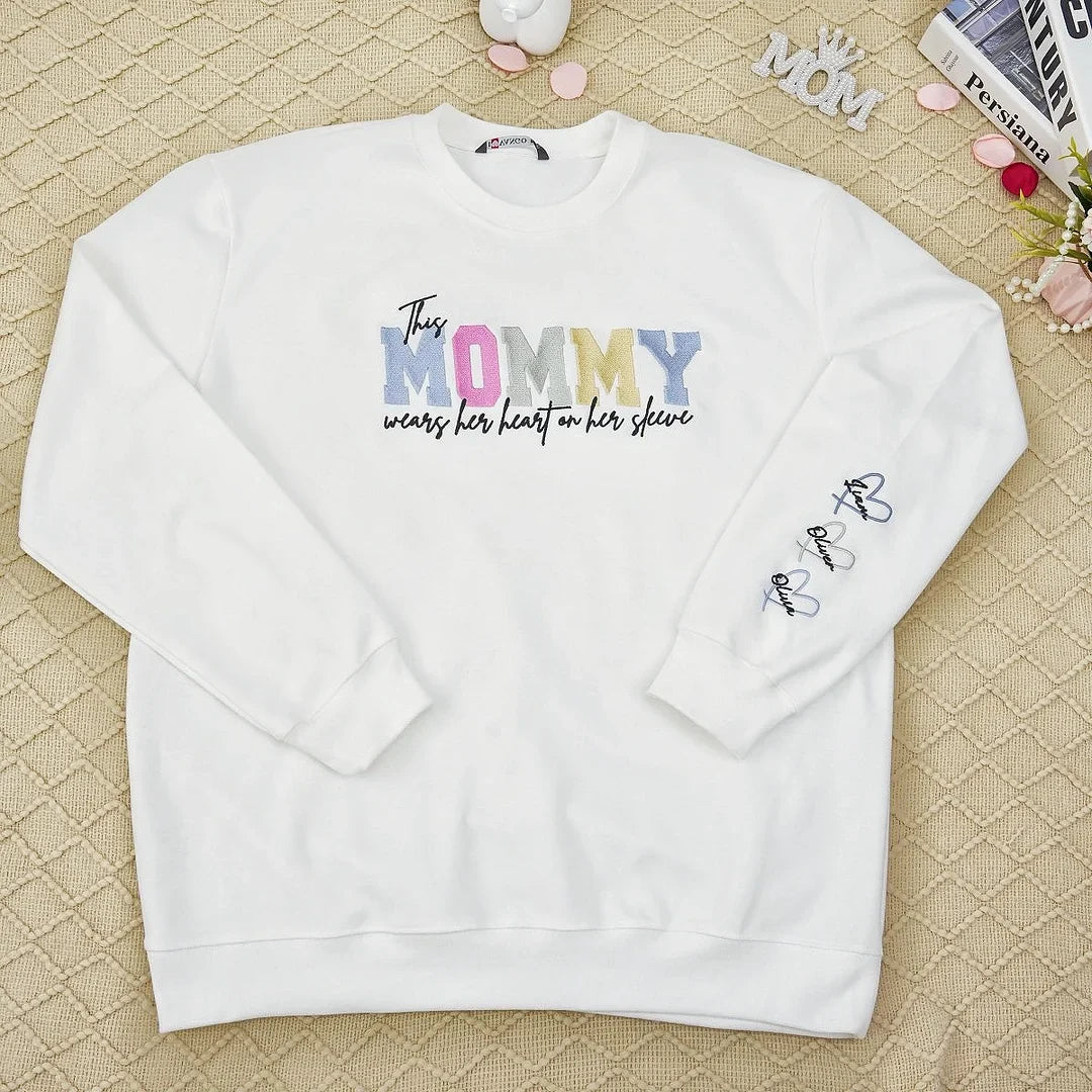 Wears Your Heart on Your Sleeve - Embroidered Mama Sweatshirt with Kids’ Names | Mother&