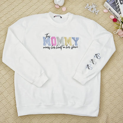 Wears Your Heart on Your Sleeve - Embroidered Mama Sweatshirt with Kids’ Names | Mother's Day Gift for Mom & Grandma