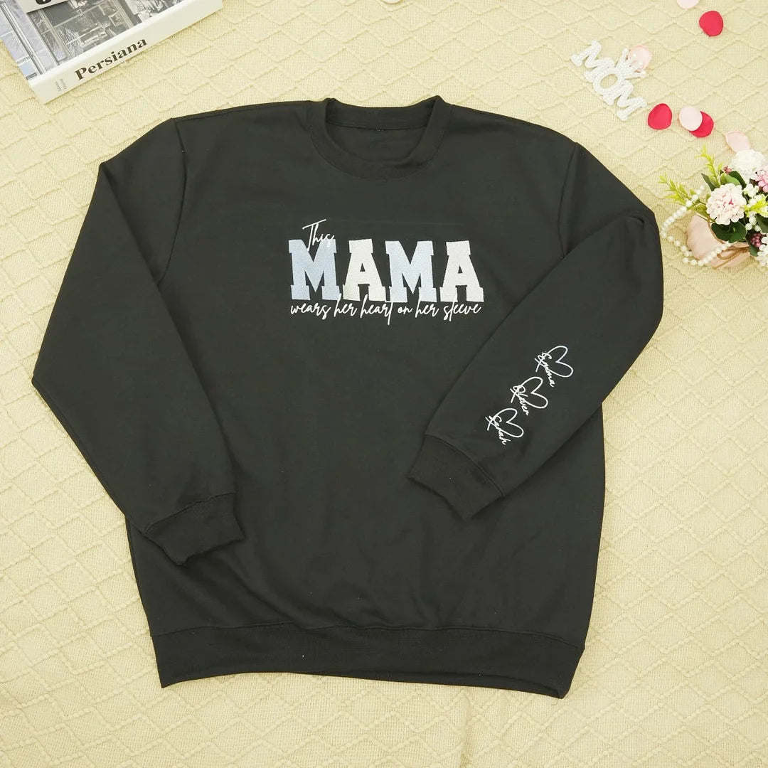 Wears Your Heart on Your Sleeve - Embroidered Mama Sweatshirt with Kids’ Names | Mother&