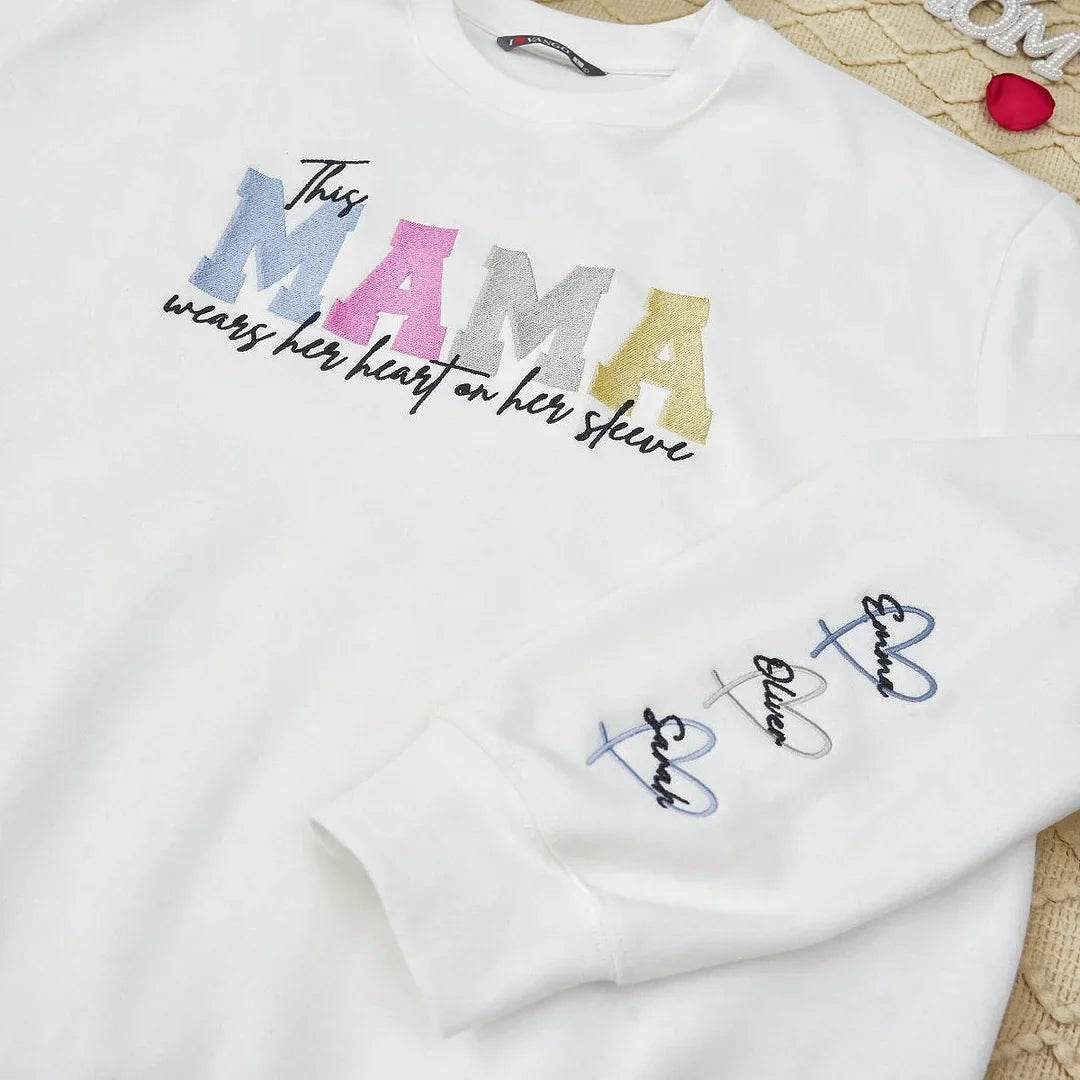 Wears Your Heart on Your Sleeve - Embroidered Mama Sweatshirt with Kids’ Names | Mother&