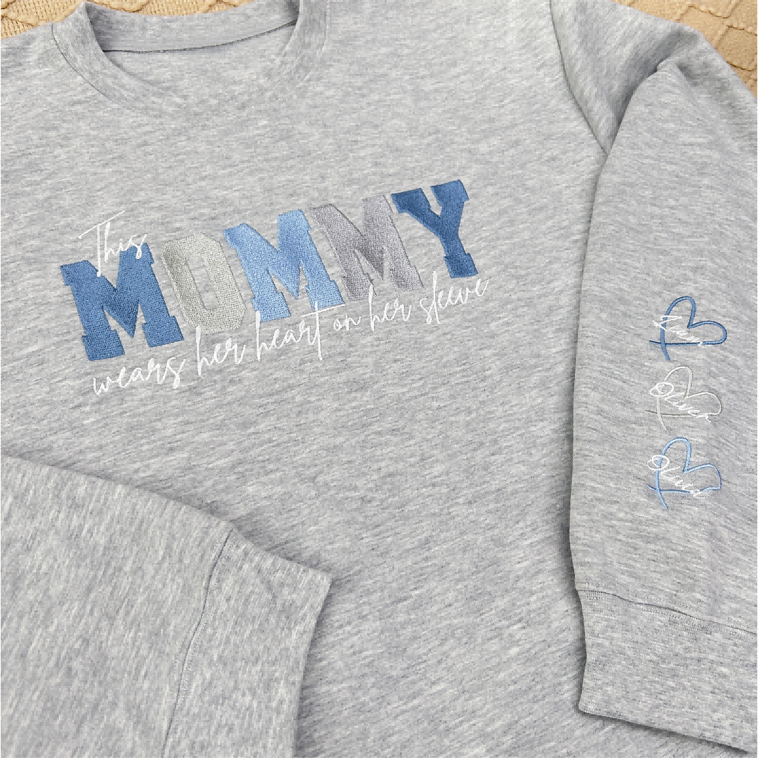 Wears Your Heart on Your Sleeve - Embroidered Mama Sweatshirt with Kids’ Names | Mother's Day Gift for Mom & Grandma