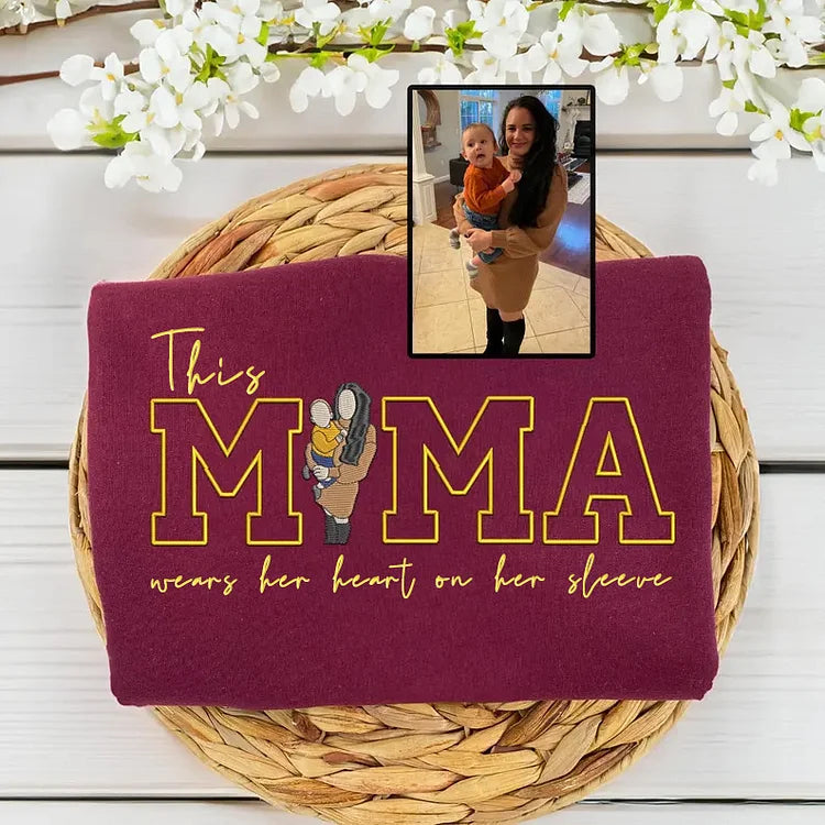 Custom This Mama Wears Her Heart On Her Sleeve Photo Embroidered Sweatshirt, Mother&
