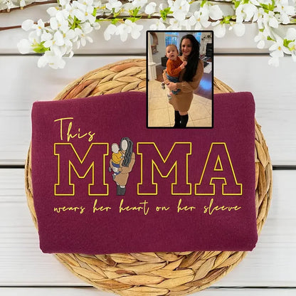 Custom This Mama Wears Her Heart On Her Sleeve Photo Embroidered Sweatshirt, Mother&