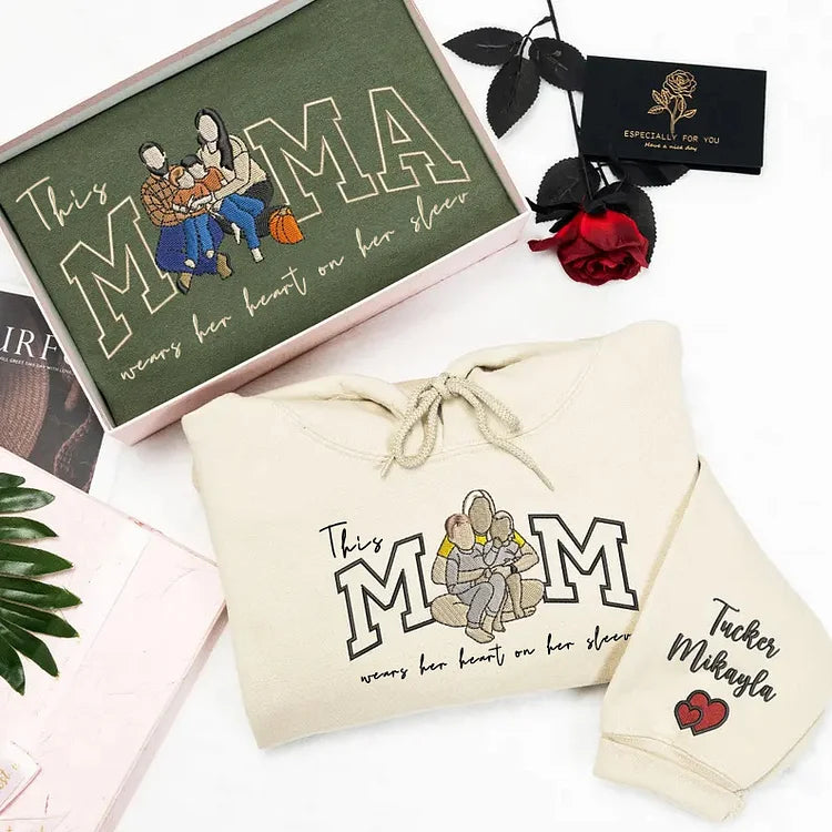 Custom This Mama Wears Her Heart On Her Sleeve Photo Embroidered Sweatshirt, Mother&