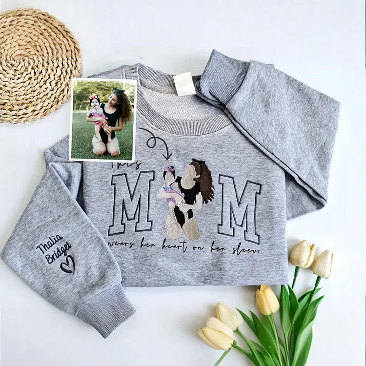 Custom This Mama Wears Her Heart On Her Sleeve Photo Embroidered Sweatshirt, Mother&