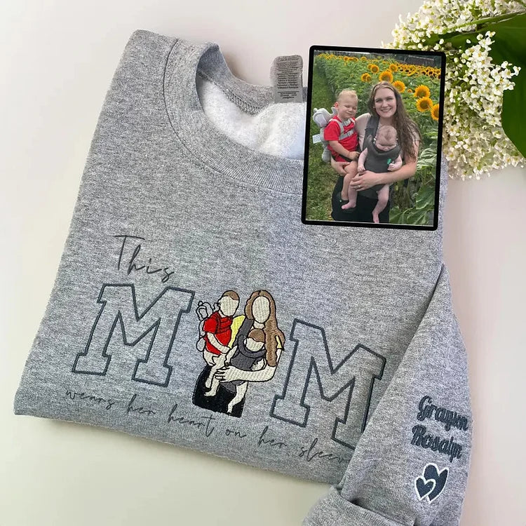 Custom This Mama Wears Her Heart On Her Sleeve Photo Embroidered Sweatshirt, Mother&