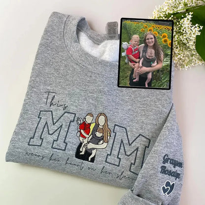 Custom This Mama Wears Her Heart On Her Sleeve Photo Embroidered Sweatshirt, Mother&