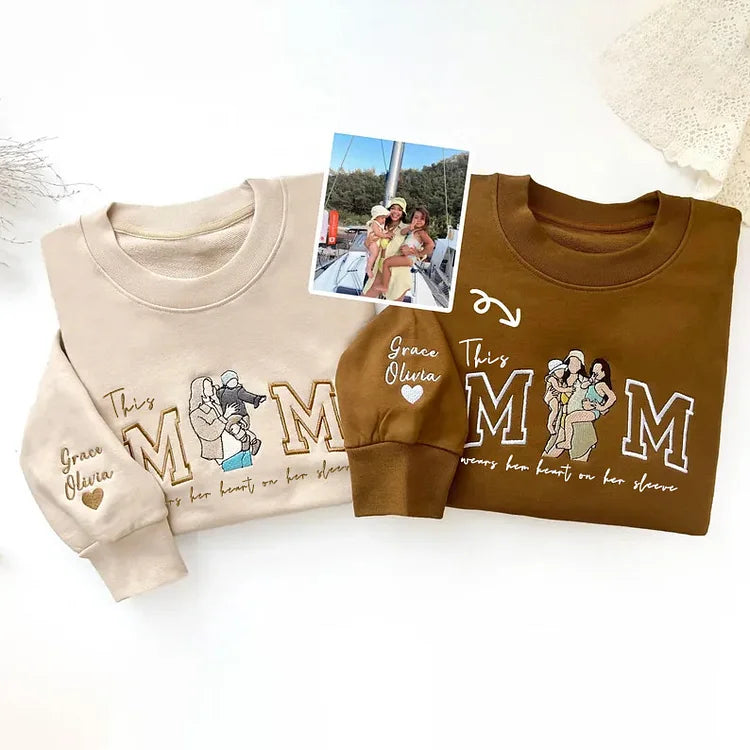 Custom This Mama Wears Her Heart On Her Sleeve Photo Embroidered Sweatshirt, Mother&