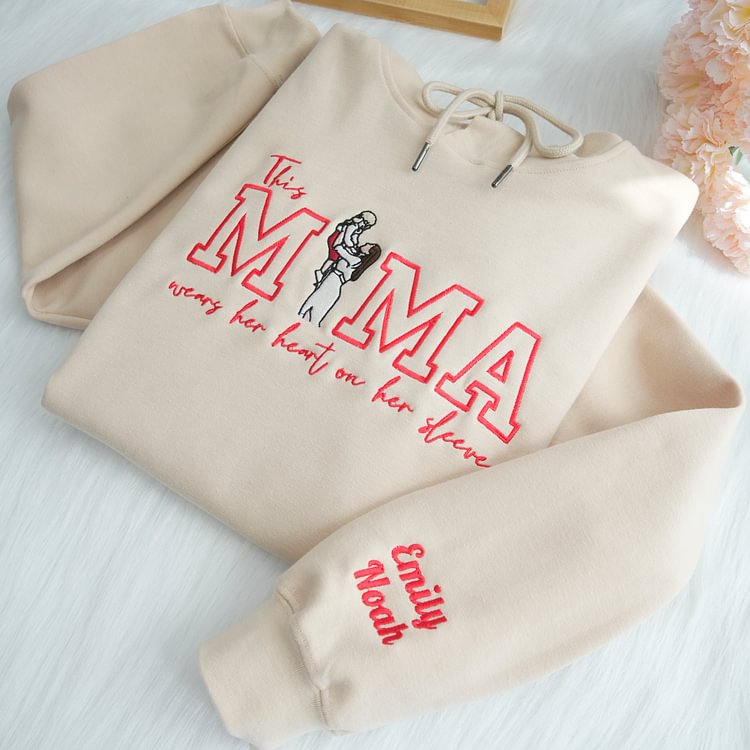 Custom This Mama Wears Her Heart On Her Sleeve Photo Embroidered Sweatshirt, Mother&