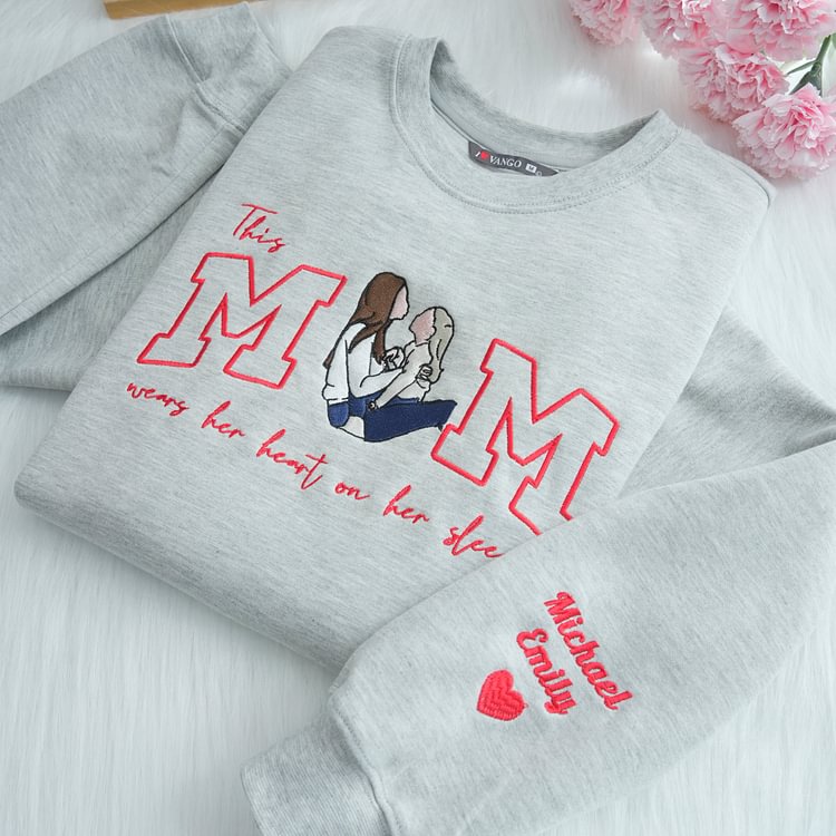 Custom This Mama Wears Her Heart On Her Sleeve Photo Embroidered Sweatshirt, Mother&