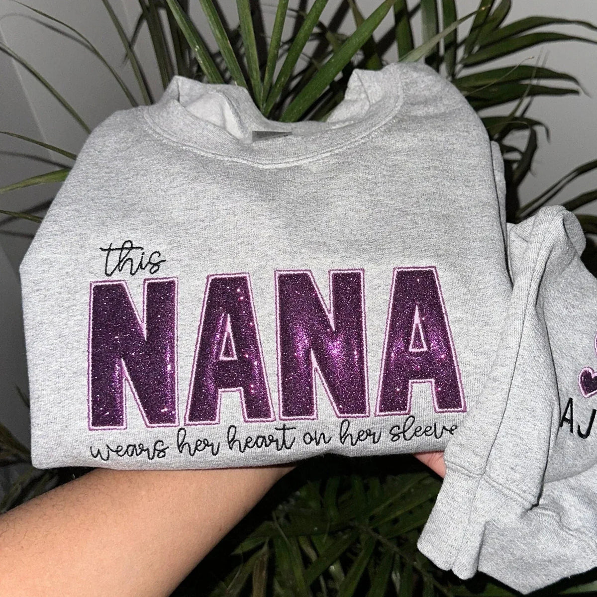 Custom Glitter Mama Wears Her Heart On Her Sleeves Embroidered Sweatshirt | Mother’s Day gift