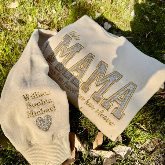Custom Glitter Mama Wears Her Heart On Her Sleeves Embroidered Sweatshirt | Mother’s Day gift
