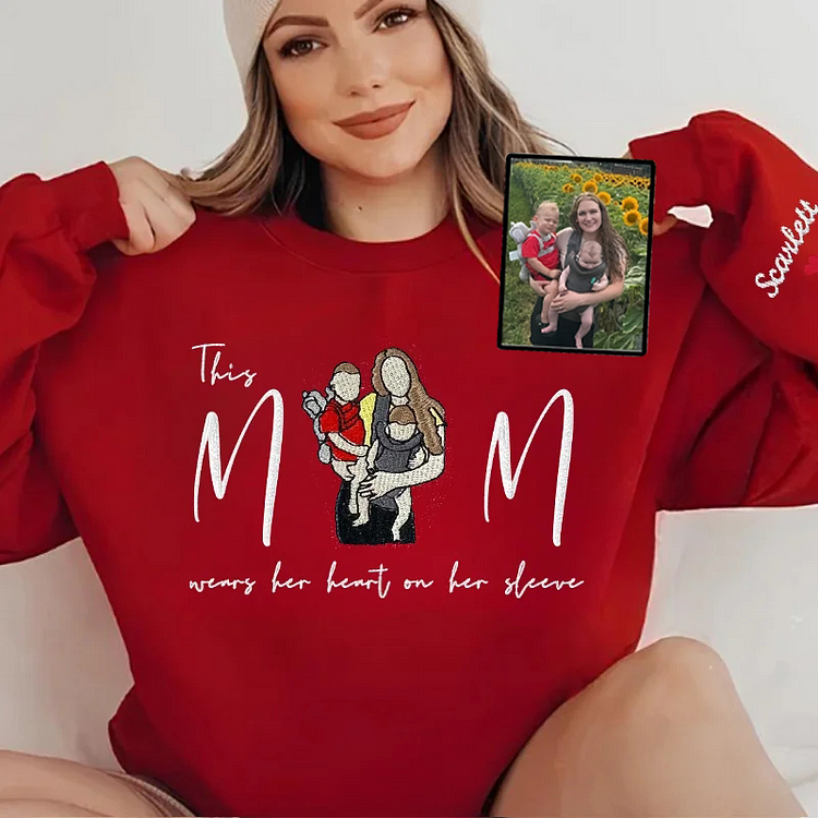 Custom Photo Mom Wears Her Heart On Her Sleeve Embroidered Sweatshirt