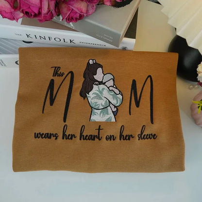 Custom Photo Mom Wears Her Heart On Her Sleeve Embroidered Sweatshirt