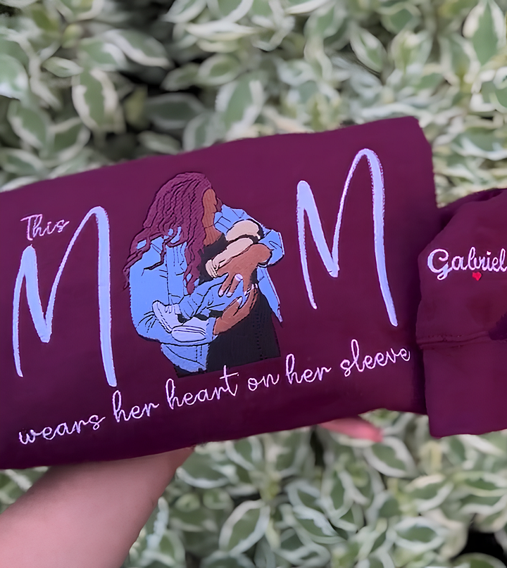 Custom Photo Mom Wears Her Heart On Her Sleeve Embroidered Sweatshirt
