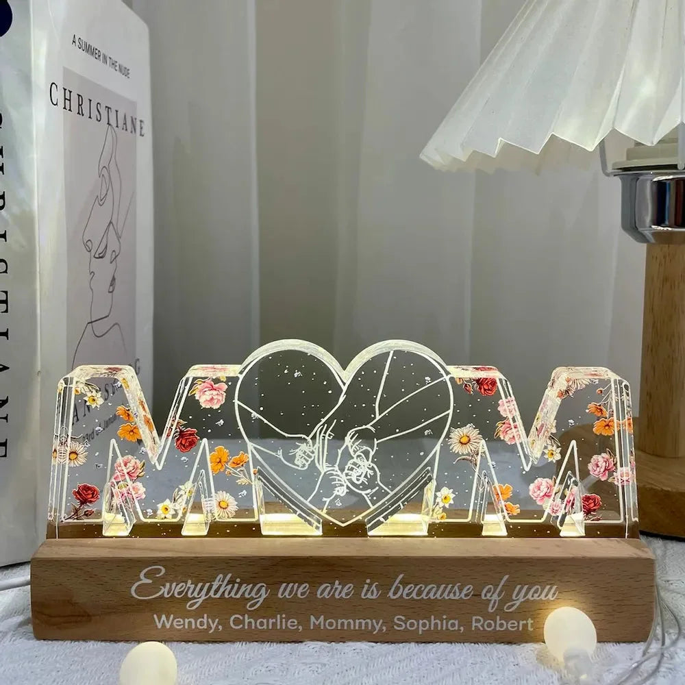 Mom Holds Kids Hands Everything We Are Is Because Of You - Personalized 3D LED Light Wooden Base - Gift For Mom, Mother&