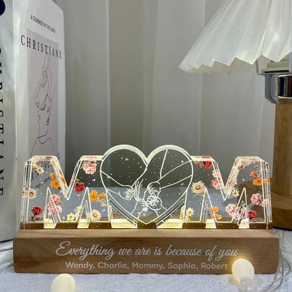 Mom Holds Kids Hands Everything We Are Is Because Of You - Personalized 3D LED Light Wooden Base - Gift For Mom, Mother&