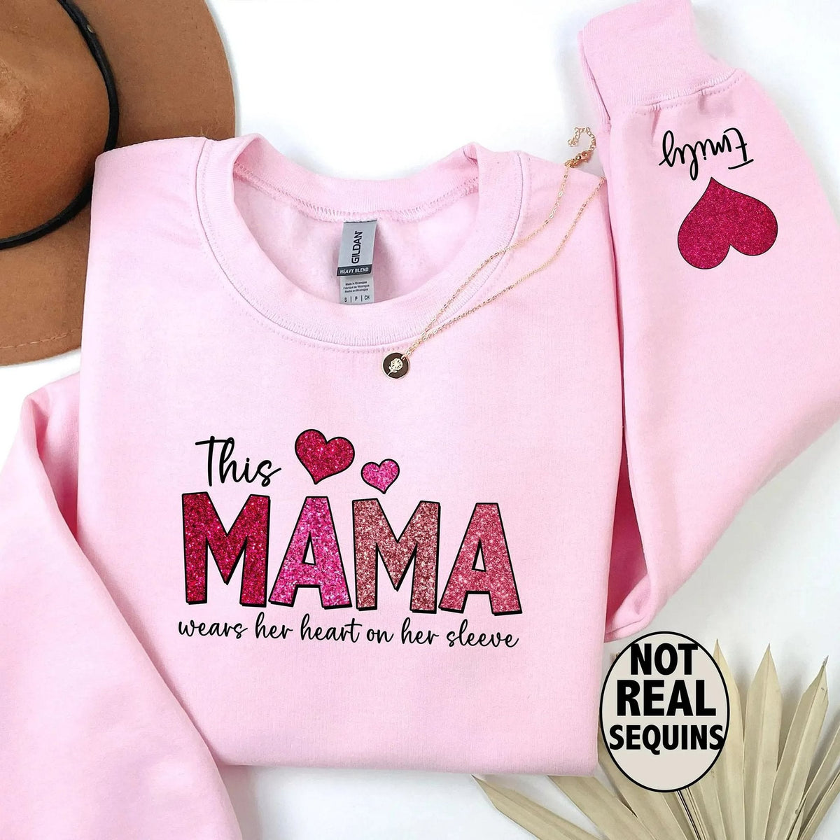 This Mama Wears Her Heart on Her Sleeve Custom Crewneck Sweatshirt