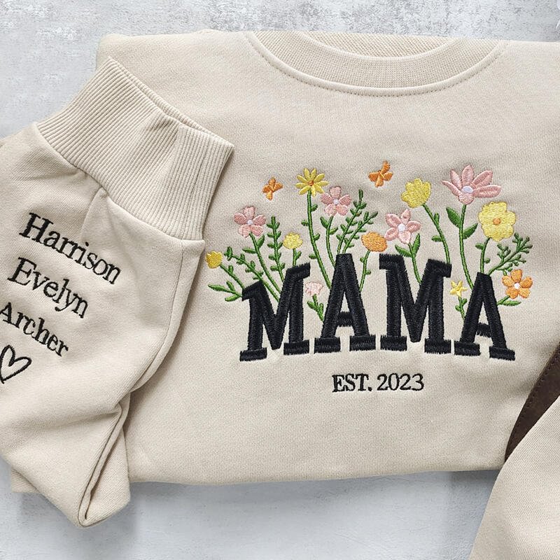 Personalized Sweatshirt Embroidered Colorful Flowers with Custom Names Perfect Gift for Mother&
