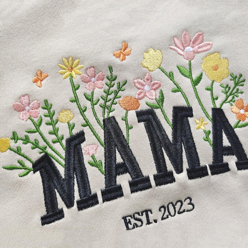Personalized Sweatshirt Embroidered Colorful Flowers with Custom Names Perfect Gift for Mother&
