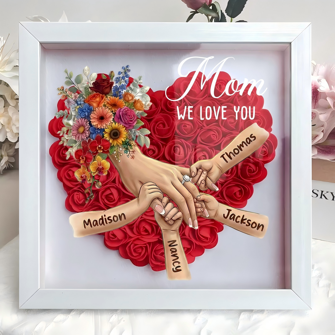(with Ring &amp; Manicure)Personalized Mommy Holding Hands Shadow Box with Ring &amp; Manicure – Custom Kids Names Floral Heart Frame, Mother’s Day Gift