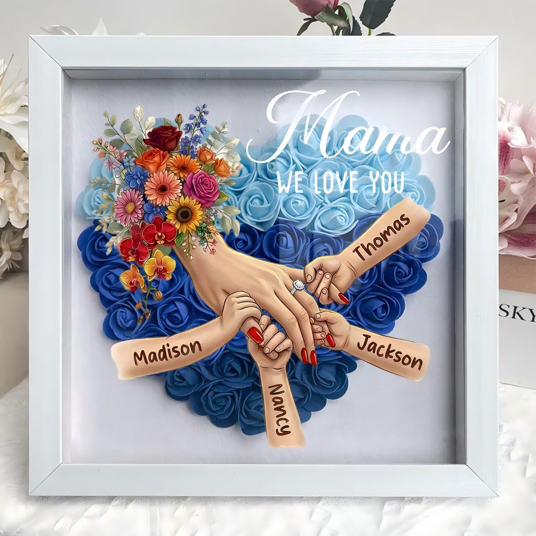 (with Ring &amp; Manicure)Personalized Mommy Holding Hands Shadow Box with Ring &amp; Manicure – Custom Kids Names Floral Heart Frame, Mother’s Day Gift