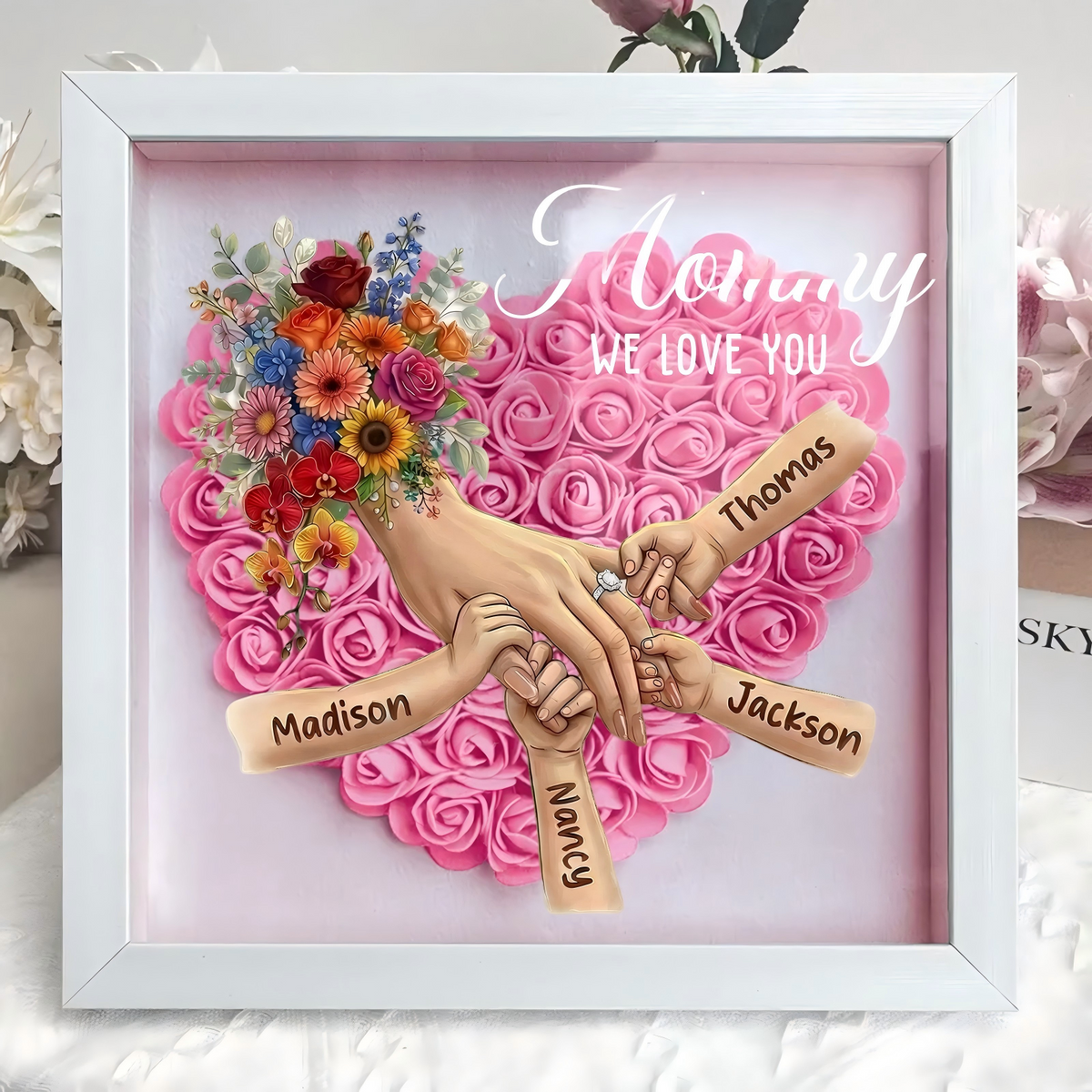 (with Ring &amp; Manicure)Personalized Mommy Holding Hands Shadow Box with Ring &amp; Manicure – Custom Kids Names Floral Heart Frame, Mother’s Day Gift
