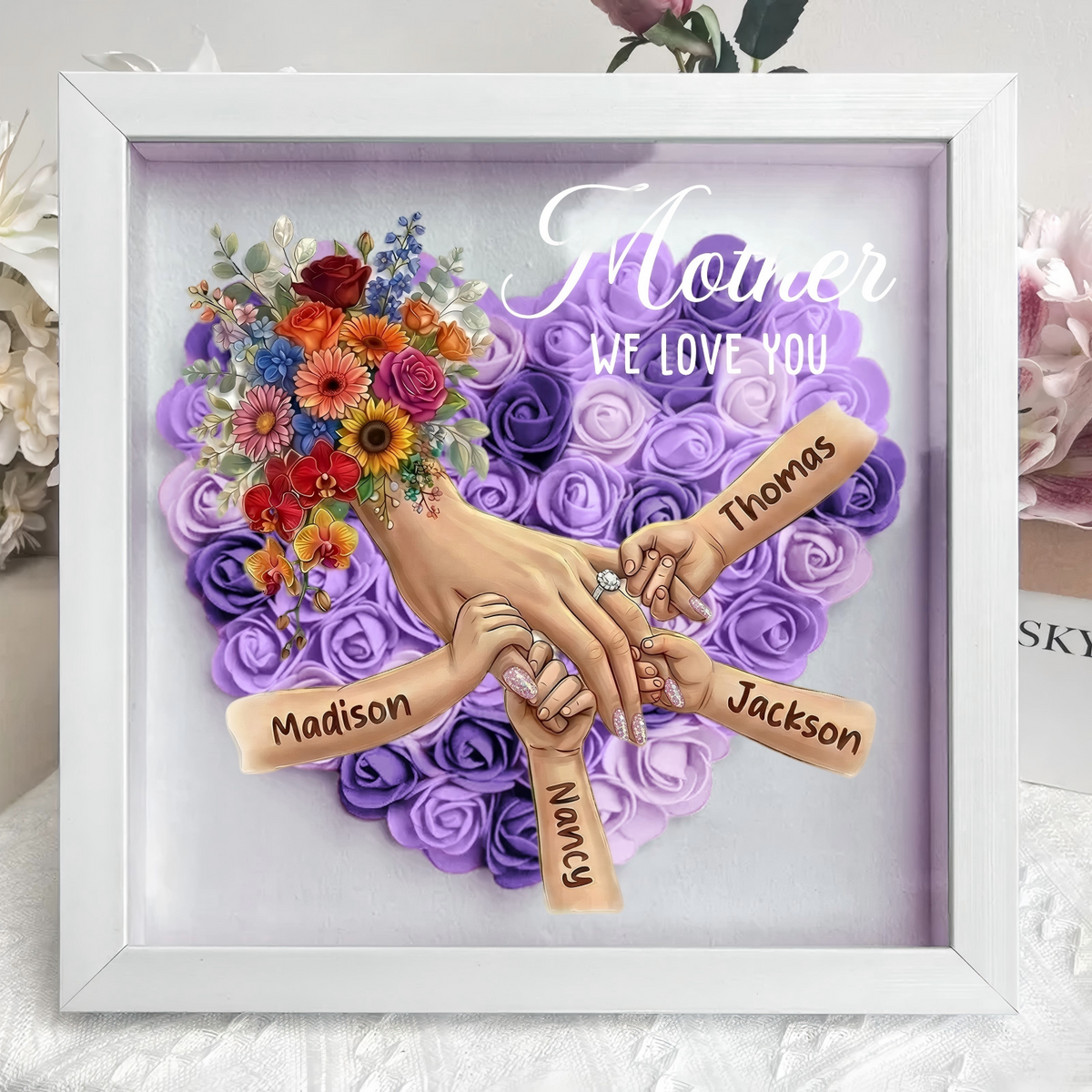 (with Ring &amp; Manicure)Personalized Mommy Holding Hands Shadow Box with Ring &amp; Manicure – Custom Kids Names Floral Heart Frame, Mother’s Day Gift