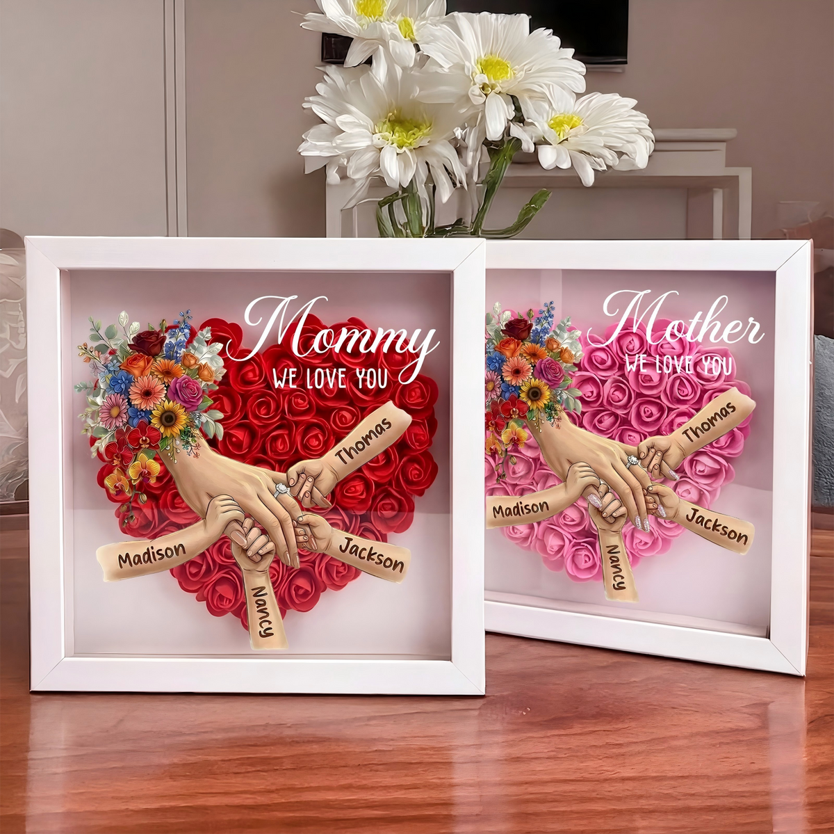 (with Ring &amp; Manicure)Personalized Mommy Holding Hands Shadow Box with Ring &amp; Manicure – Custom Kids Names Floral Heart Frame, Mother’s Day Gift