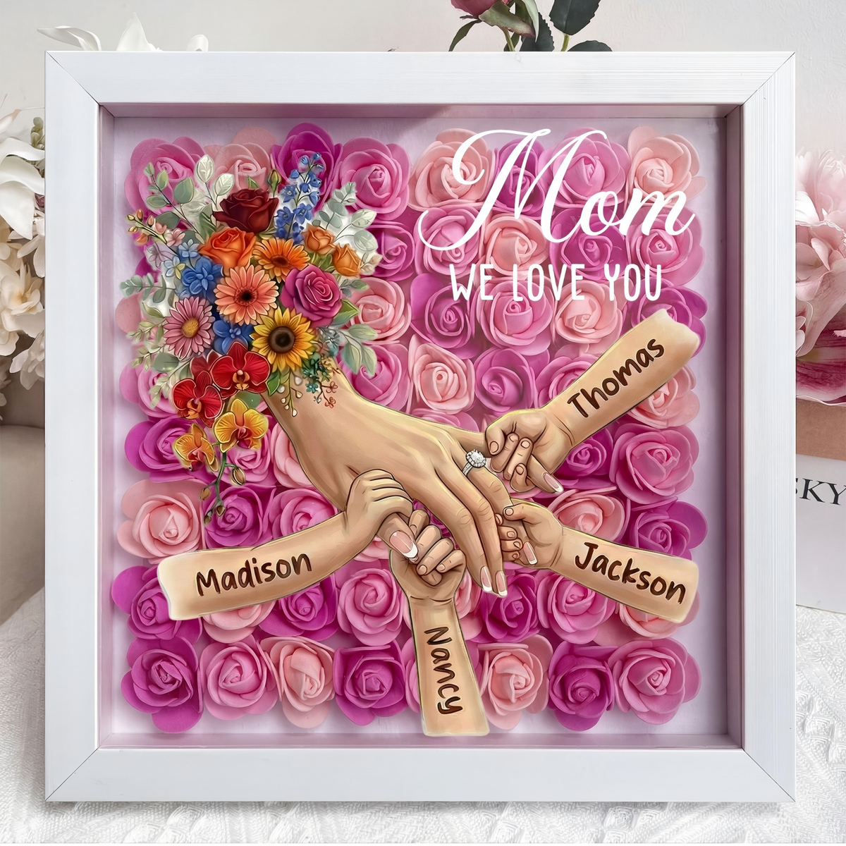 (with Ring &amp; Manicure)Personalized Mommy Holding Hands Shadow Box with Ring &amp; Manicure – Custom Kids Names Floral Heart Frame, Mother’s Day Gift
