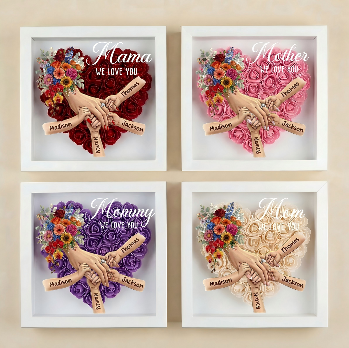 (with Ring &amp; Manicure)Personalized Mommy Holding Hands Shadow Box with Ring &amp; Manicure – Custom Kids Names Floral Heart Frame, Mother’s Day Gift