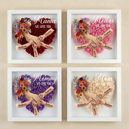 (with Ring & Manicure)Personalized Mommy Holding Hands Shadow Box with Ring & Manicure – Custom Kids Names Floral Heart Frame, Mother’s Day Gift