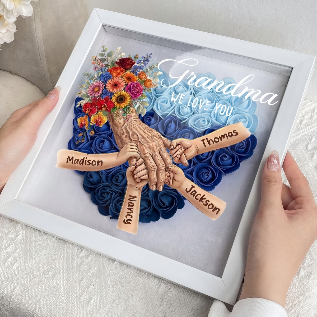 Personalized Grandma Hand Holding Shadow Box – Custom Names Rose Heart Frame for Nana | Mother’s Day Gift from Grandkids
