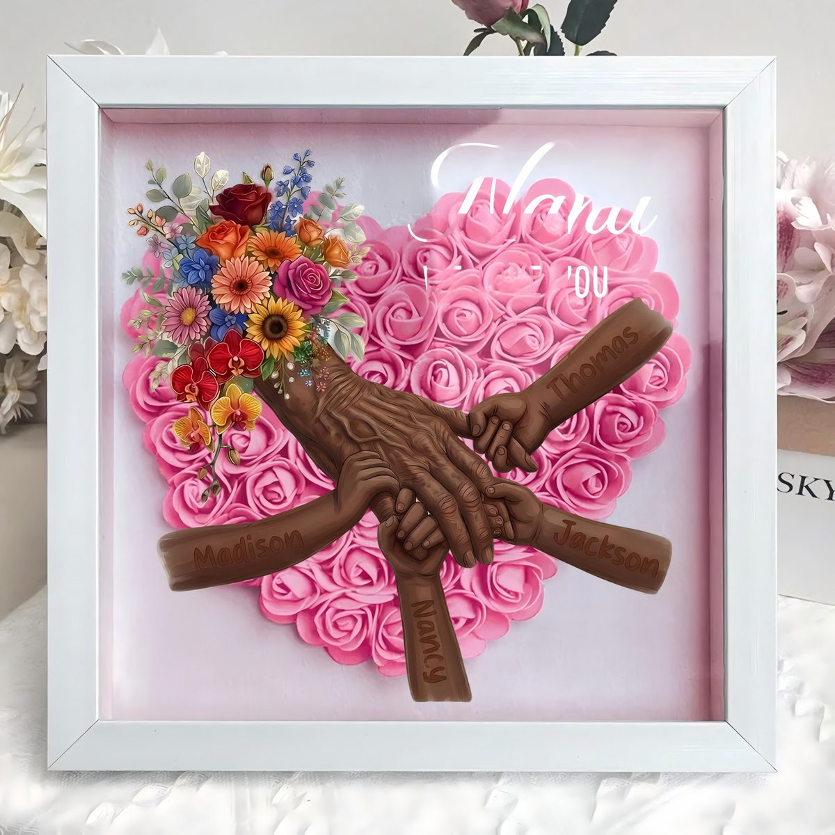 Personalized Grandma Hand Holding Shadow Box – Custom Names Rose Heart Frame for Nana | Mother’s Day Gift from Grandkids