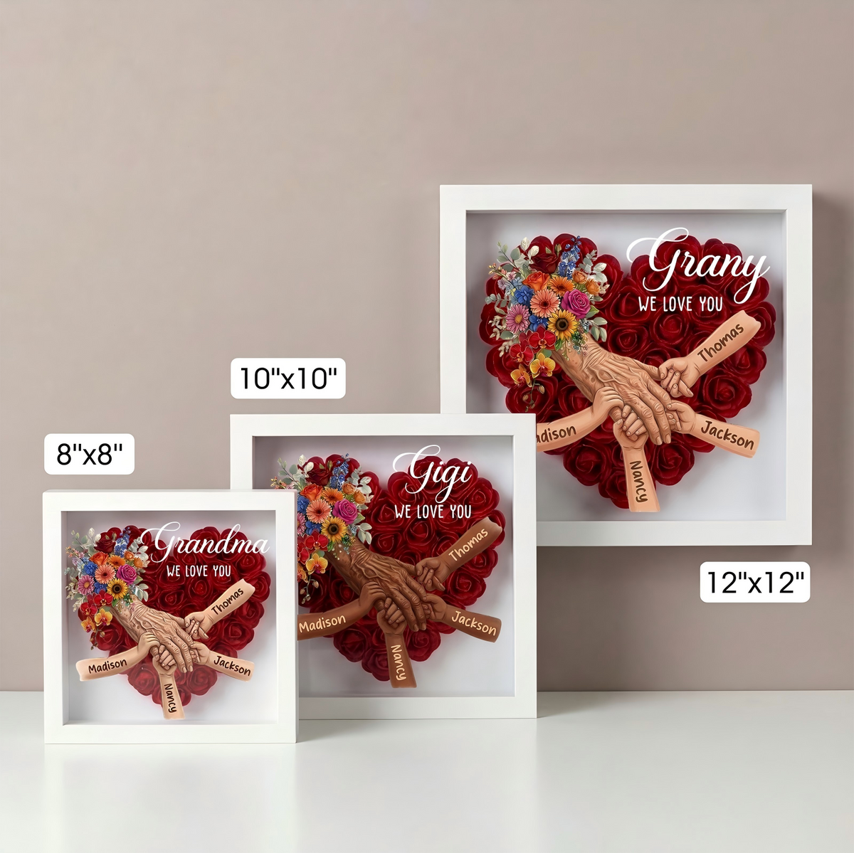 Personalized Grandma Hand Holding Shadow Box – Custom Names Rose Heart Frame for Nana | Mother’s Day Gift from Grandkids