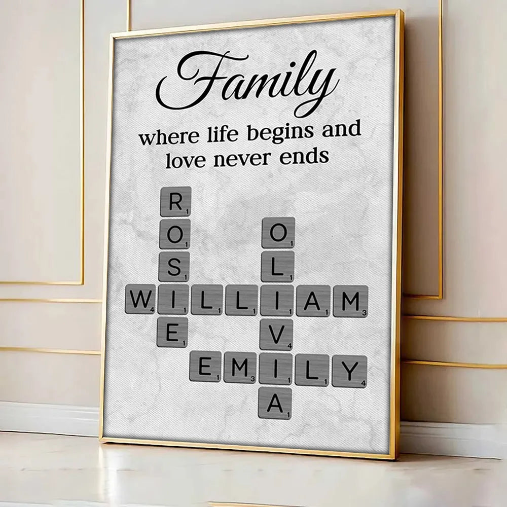 Family Where Life Begins and Love Never Ends Crossword Personalised Poster
