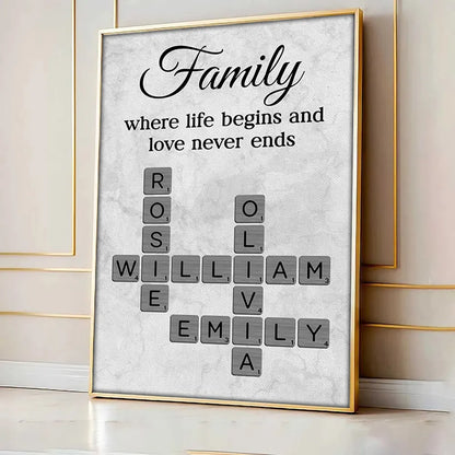 Family Where Life Begins and Love Never Ends Crossword Personalised Poster
