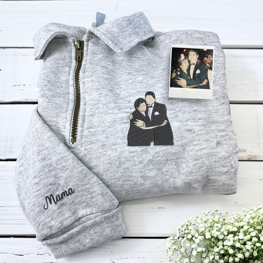 Custom Photo Embroidered Quarter Zip Sweatshirt | Personalized Gift for Mom &amp; Grandma