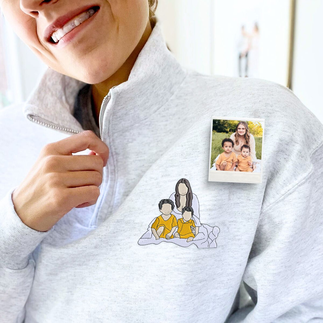 Custom Photo Embroidered Quarter Zip Sweatshirt | Personalized Gift for Mom &amp; Grandma