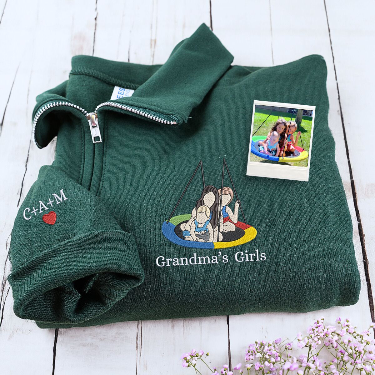 Custom Photo Embroidered Quarter Zip Sweatshirt | Personalized Gift for Mom &amp; Grandma