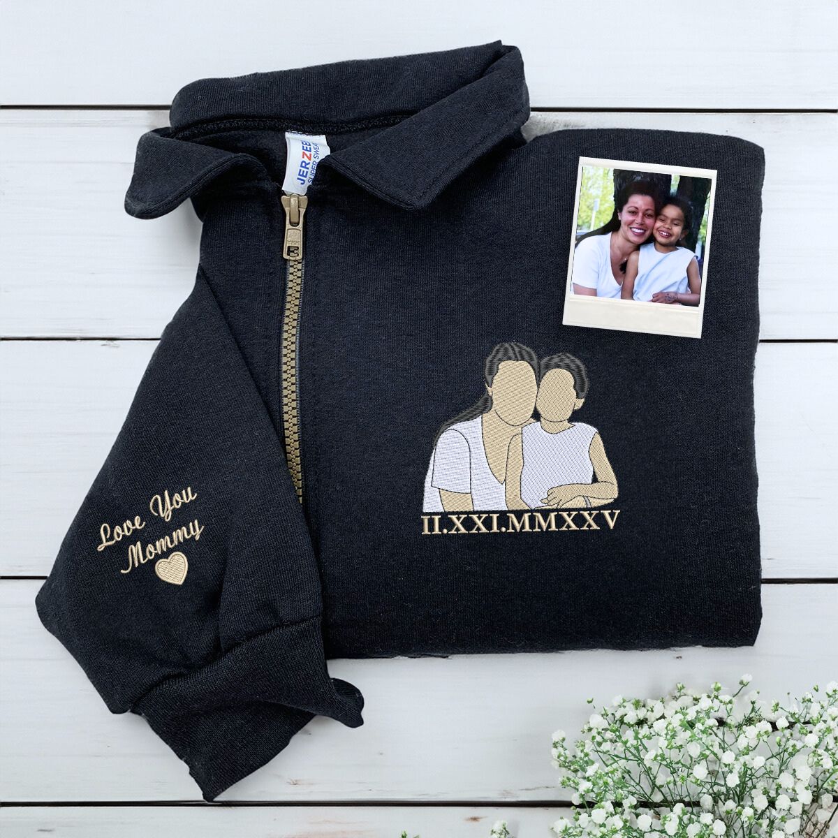Custom Photo Embroidered Quarter Zip Sweatshirt | Personalized Gift for Mom &amp; Grandma