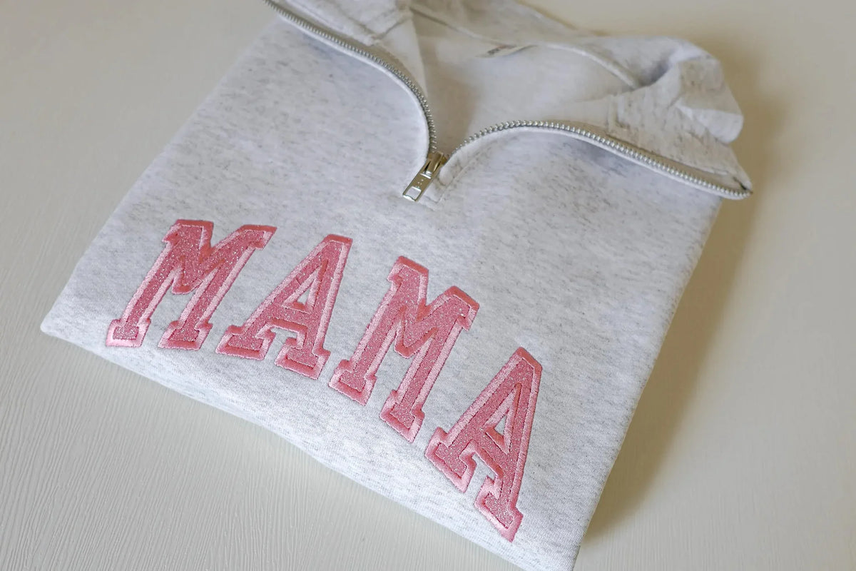 Custom Embroidered Applique Glitter Mama Quarter Zip Sweater - Gift for Mom